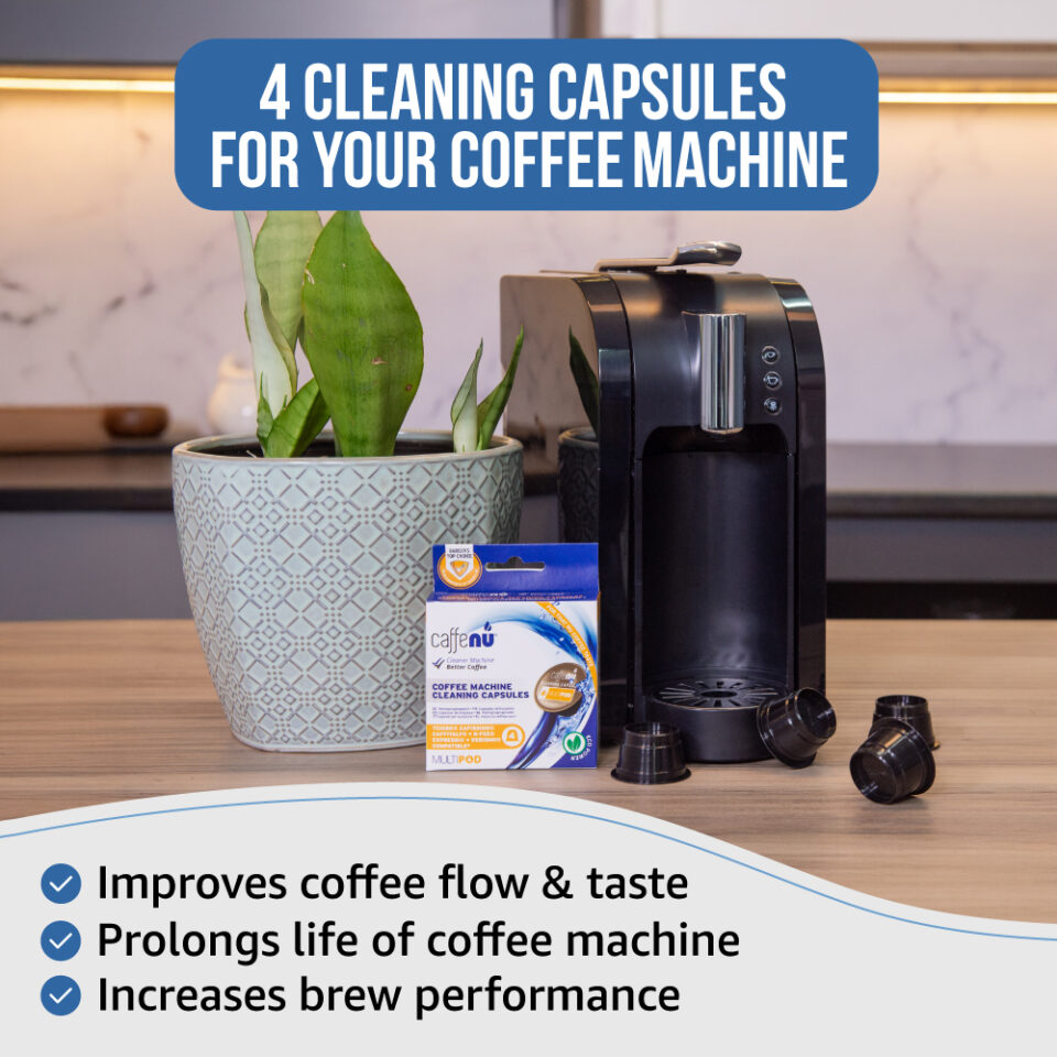 Cleaning capsules for coffee machine on a kitchen counter with text highlighting benefits.